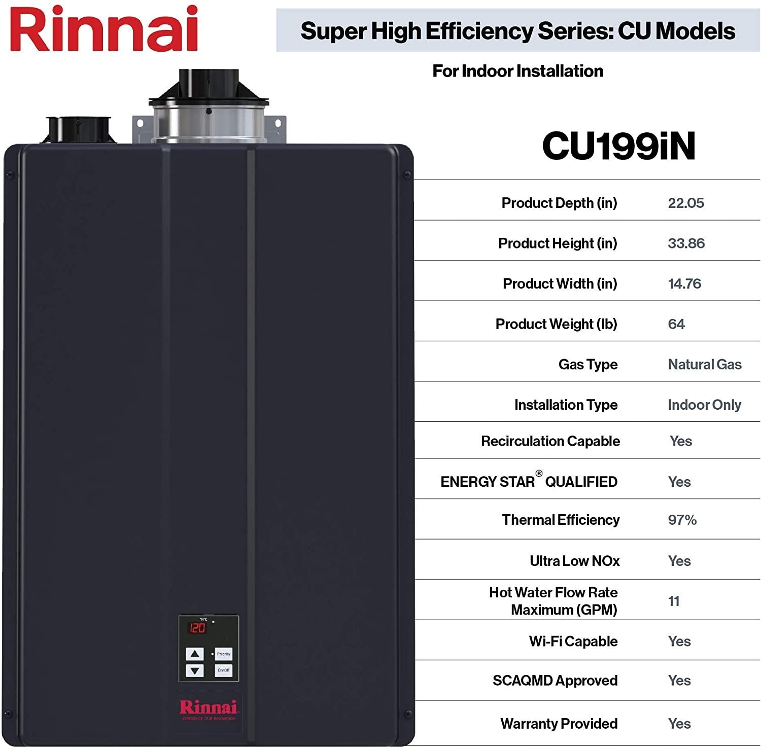 CU199iN 11 GPM Indoor Commercial Natural Gas Condensing Tankless Water Heater New - Image 3