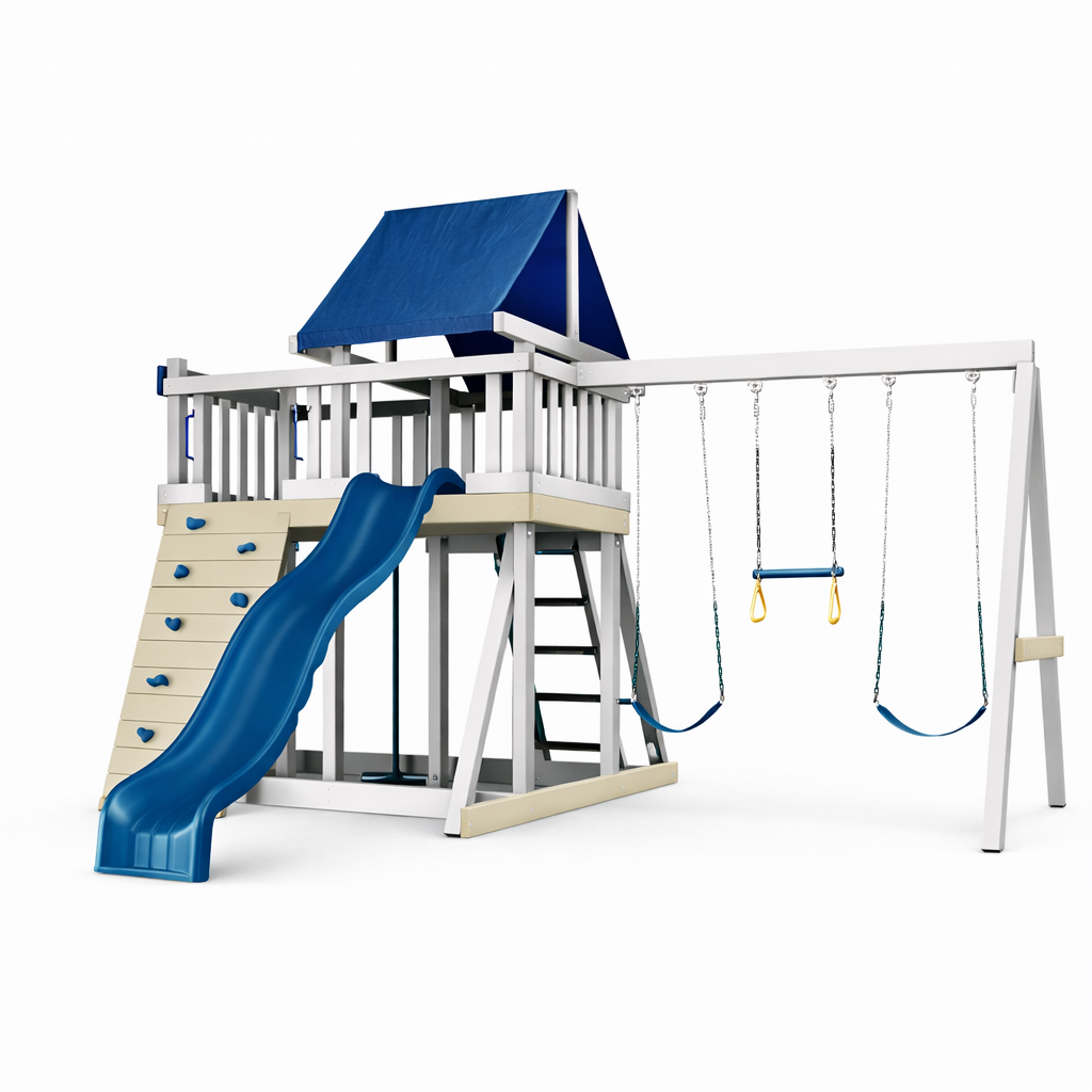 KidWise Monkey WoodGuard Swing Set - Rock Wall, Wave Slide & Sandbox