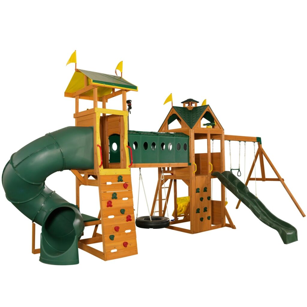 Mockingbird View Wooden Swing Set / Playset with Tower, Hoop, Tunnel and Tire Swing