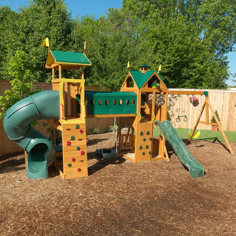 Mockingbird View Wooden Swing Set / Playset with Tower, Hoop, Tunnel and Tire Swing - Image 3