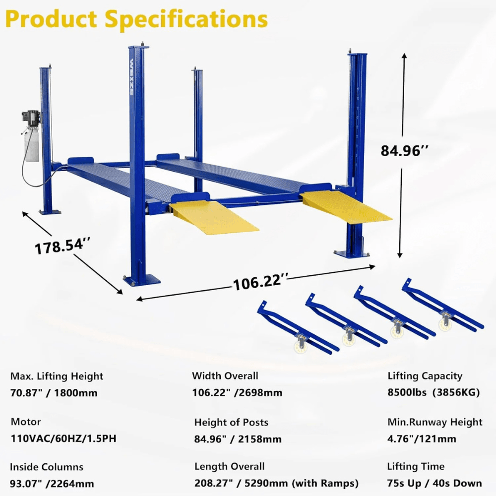 8500lbs 4-Post Car Lift with Caster Kits - PLA-1030 - Image 8