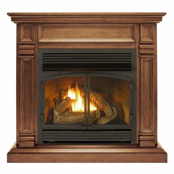 Dual Fuel Ventless Gas Fireplace With Mantel - 32,000 BTU, T-Stat Control, Toasted Almond Finish
