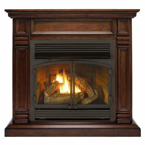 Dual Fuel Ventless Gas Fireplace With Mantel - 32,000 BTU, T-Stat Control, Walnut Finish