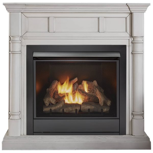 Full Size Dual Fuel Ventless Gas Fireplace With Mantel - 32,000 BTU, Remote Control, Antique White Finish