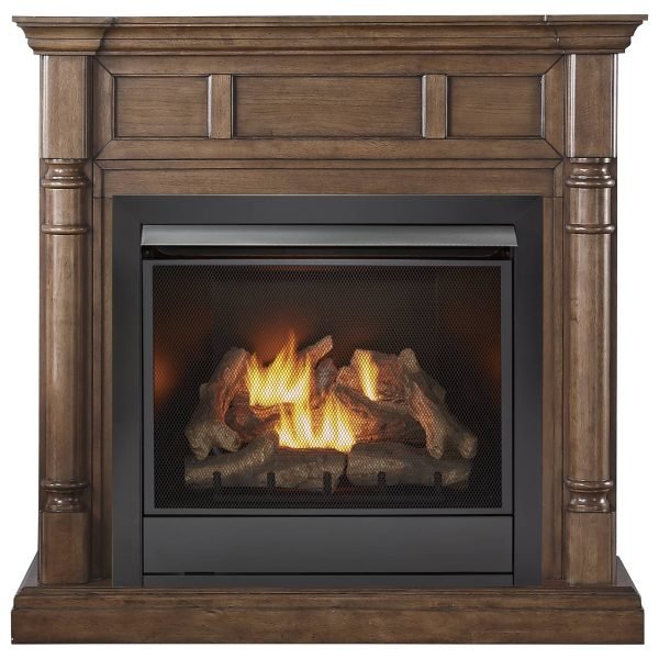 Full Size Dual Fuel Ventless Gas Fireplace With Mantel - 32,000 BTU, Remote Control, Walnut Finish