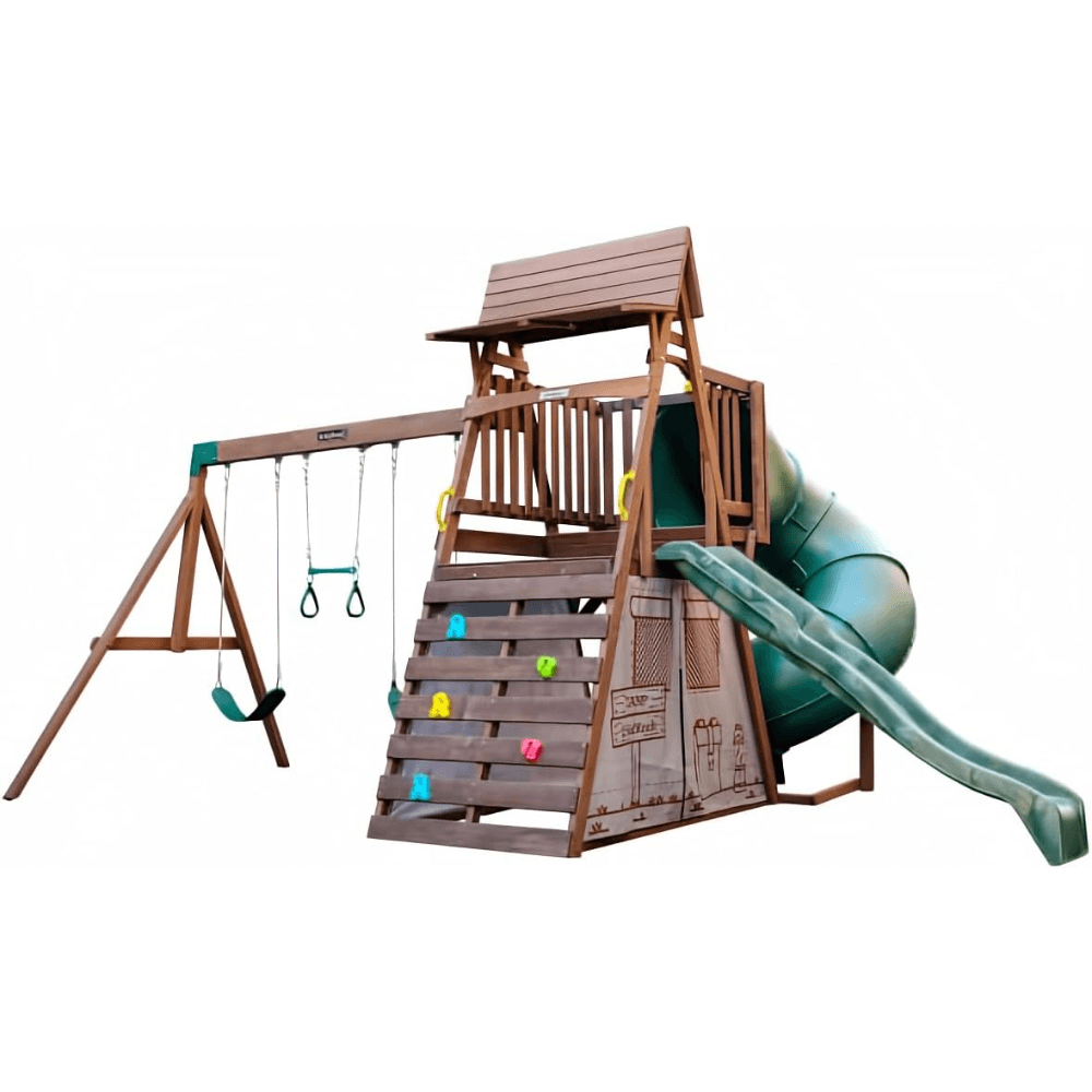 Wooden Swing Set/Playset with Tent, Tube Slide and 3-Swings - Image 9