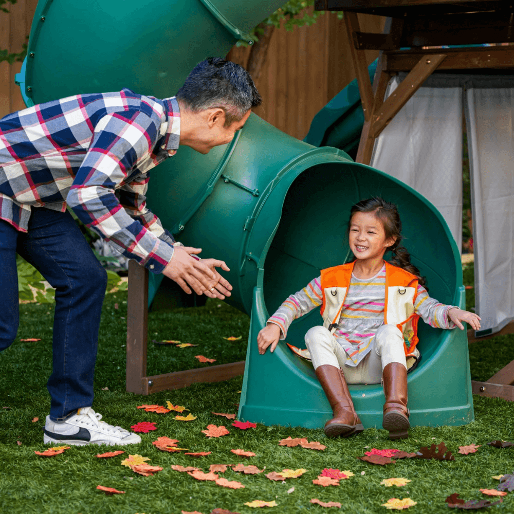 Wooden Swing Set/Playset with Tent, Tube Slide and 3-Swings - Image 3