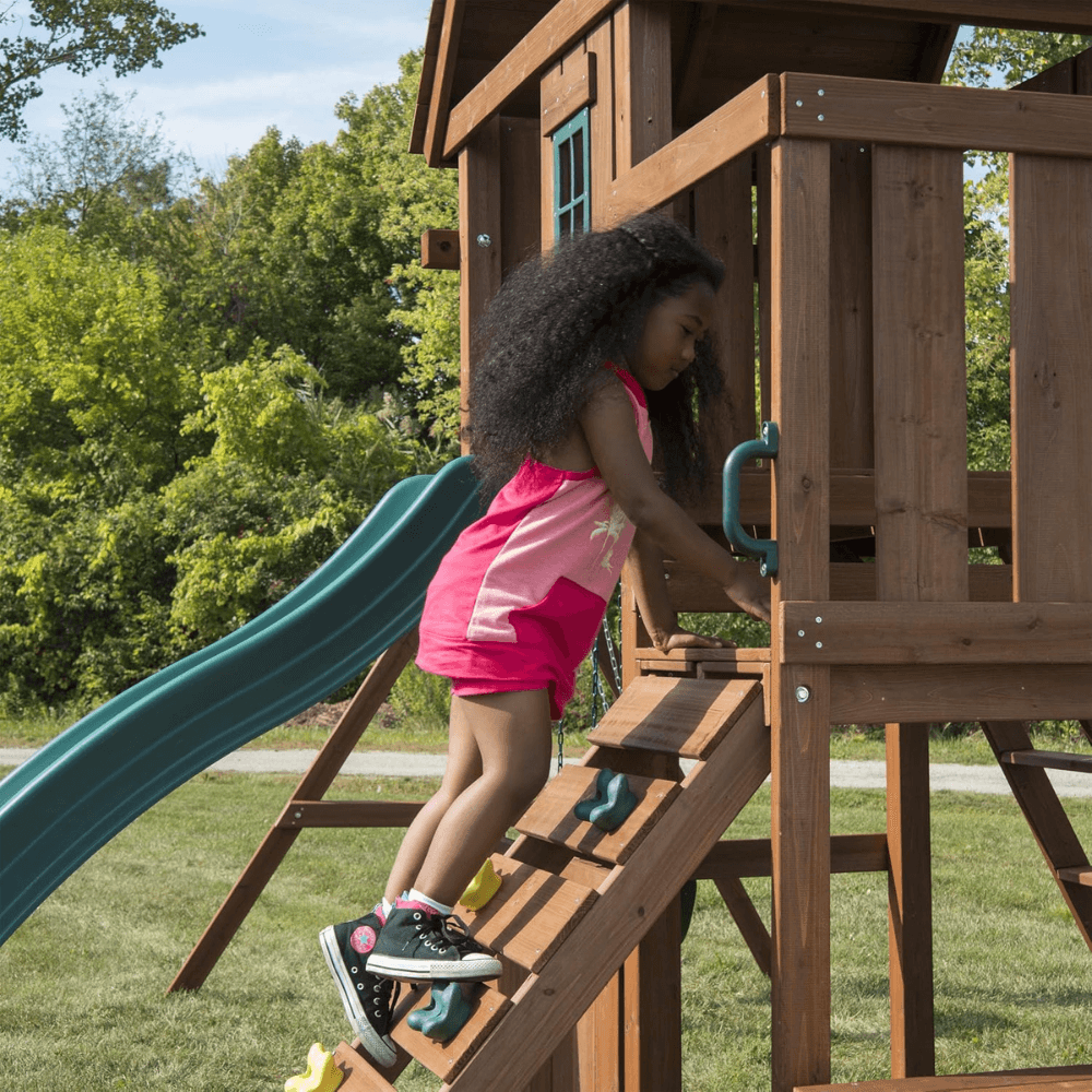 Complete Wooden Outdoor Playset with Monkey Bars, Slide, Rock Wall and Swing Set Accessories