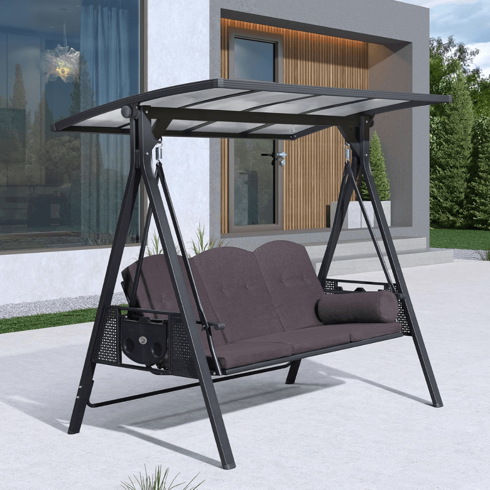 3-seat Outdoor Patio Porch Swing Adjustable Backrest, Cushions and Pillow Included