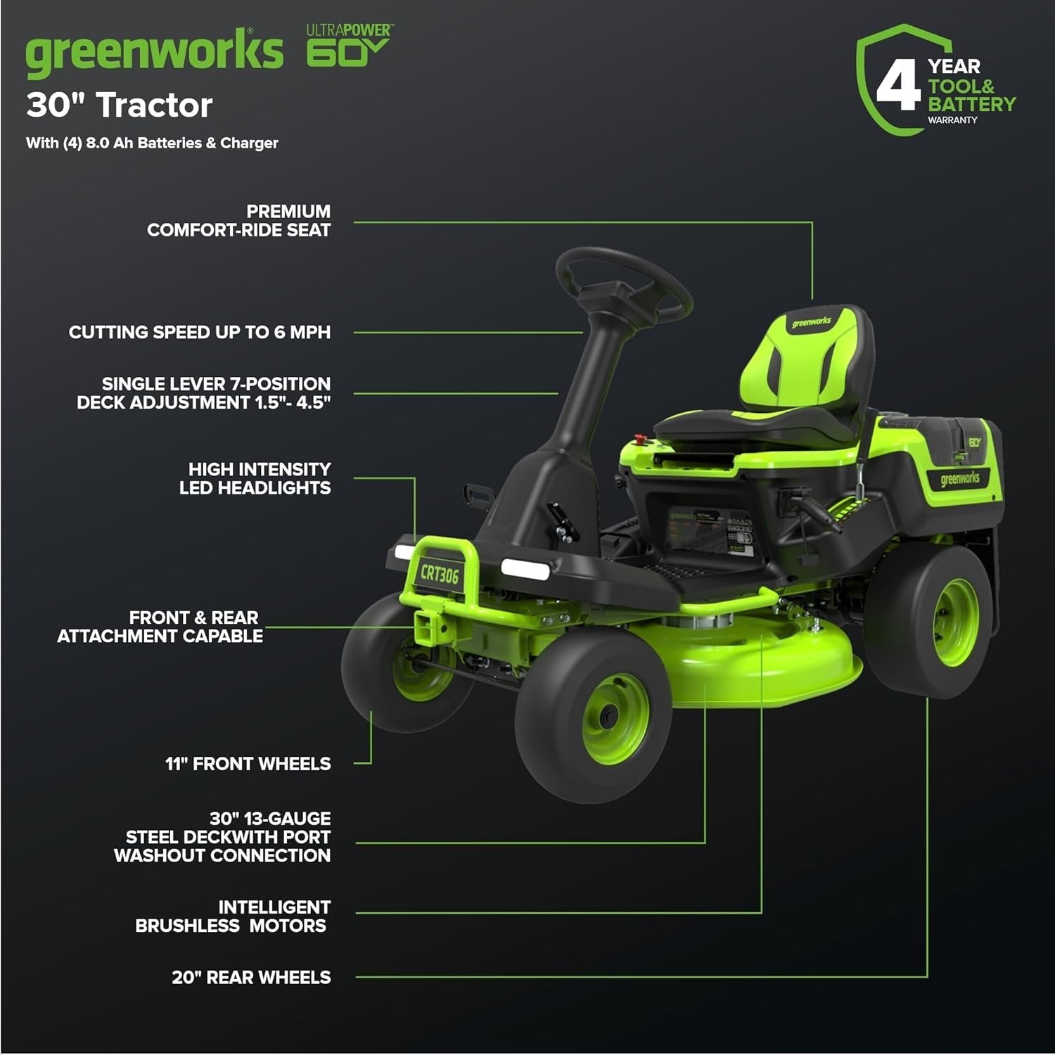 60V 30" CrossoverT Riding Lawn Tractor with 8.0 Ah - Image 3